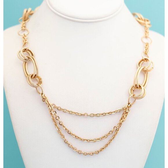 Vintage Geometric Gold Tone Chain and Link Statement Necklace 36 Inch - R27 - Picture 2 of 3